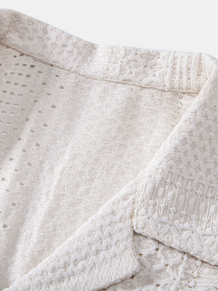 Geovari | Geometric Jacquard Cuban Collar Shirt and Linen Trousers