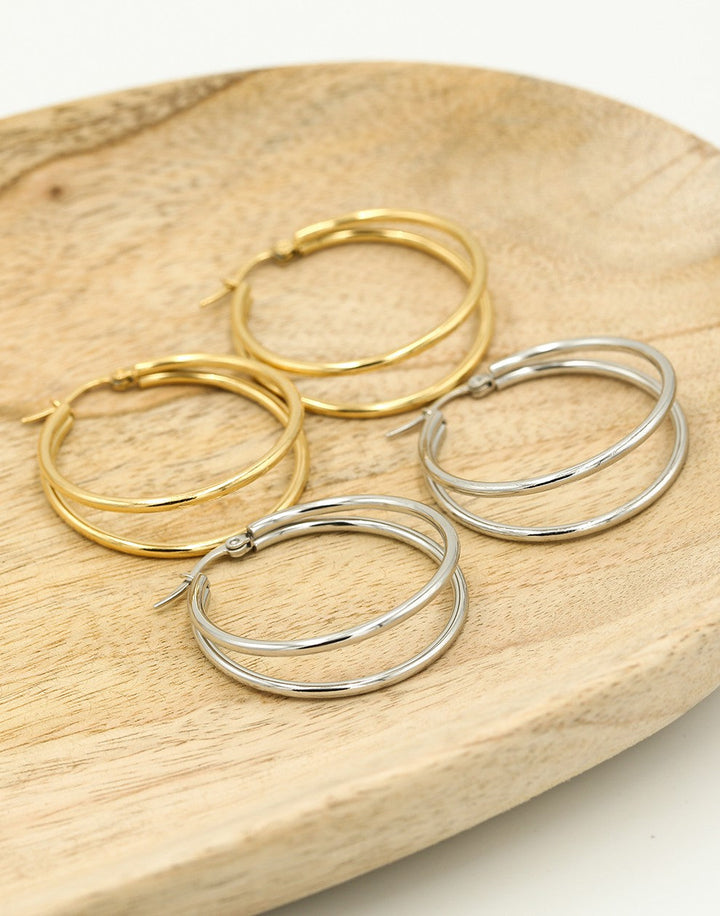 Geovari | Gold-Coloured Double Hoop Earrings, 30 mm