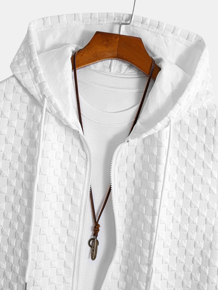 Geovari | Checkerboard Sleeveless Zip-Up Hoodie and Jacquard Jogger Trousers