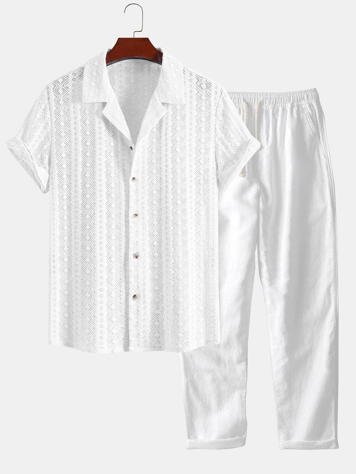 Geovari | Geometric Jacquard Cuban Shirt & Straight-Leg Linen Trousers