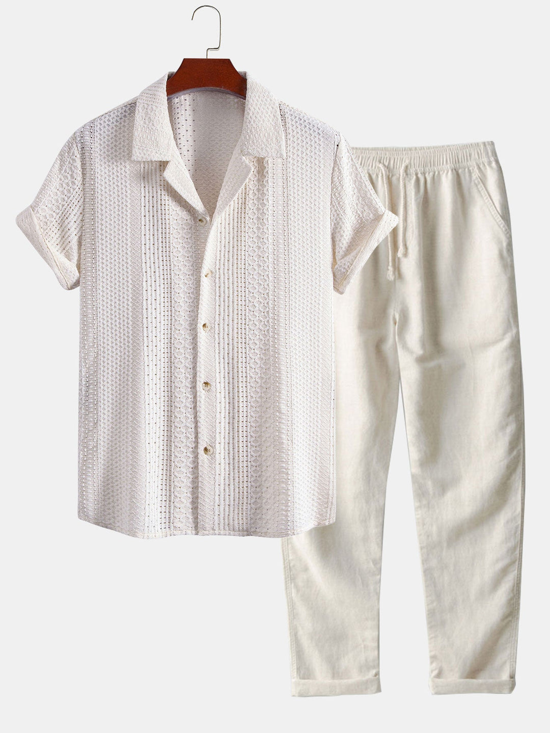 Geovari | Geometric Jacquard Cuban Collar Shirt and Linen Trousers