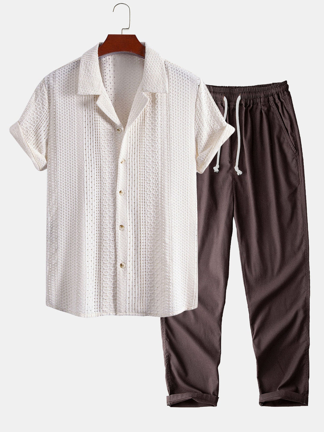 Geovari | Geometric Jacquard Cuban Collar Shirt and Linen Trousers