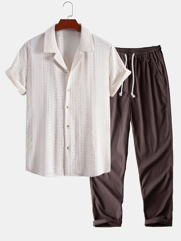 Geovari | Geometric Jacquard Cuban Collar Shirt and Linen Trousers