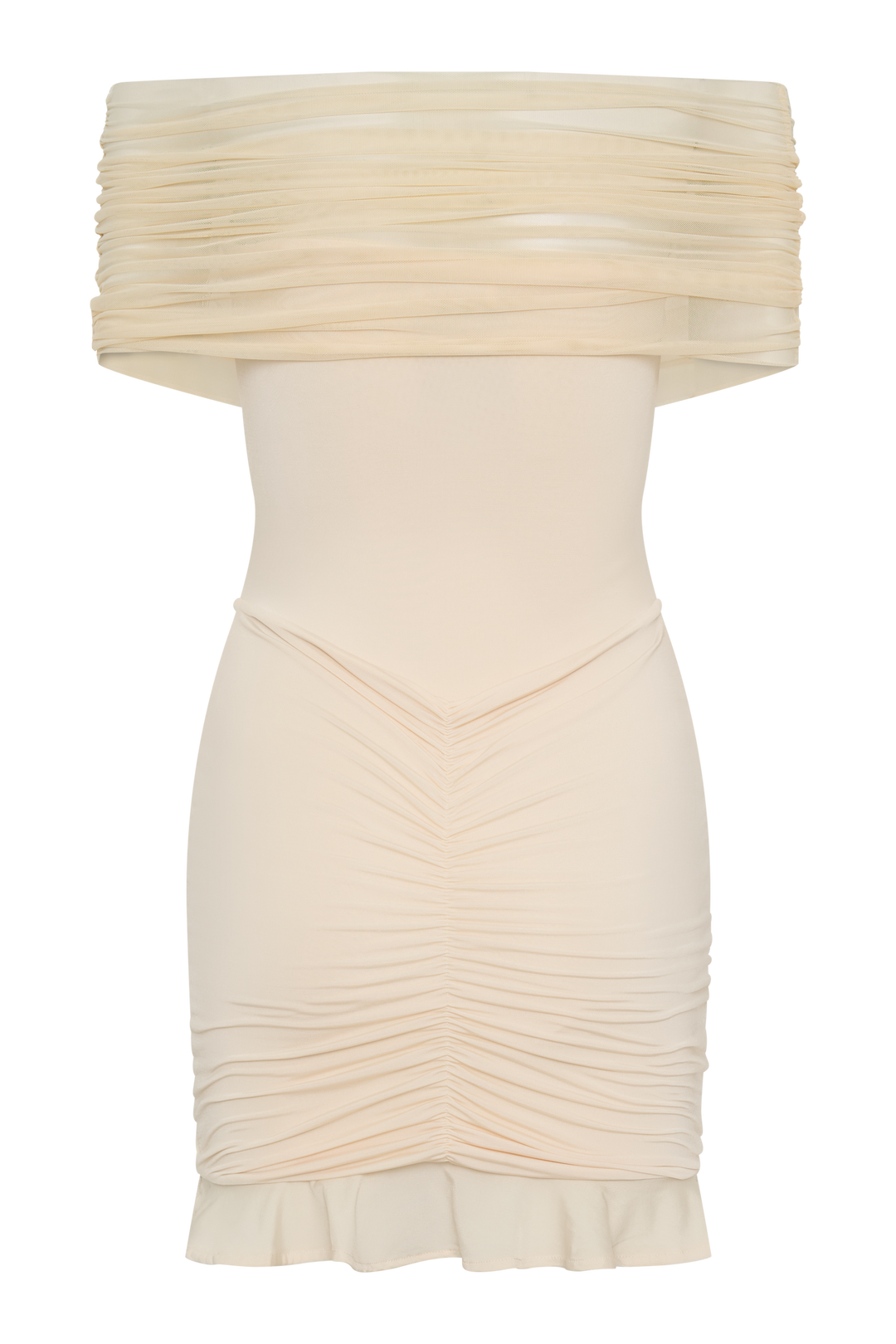 Geovari | Slinky Mesh Off-Shoulder Mini Dress in Ivory
