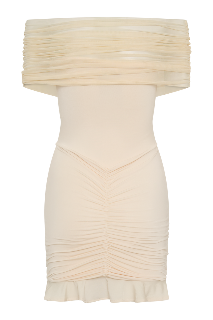 Geovari | Slinky Mesh Off-Shoulder Mini Dress in Ivory
