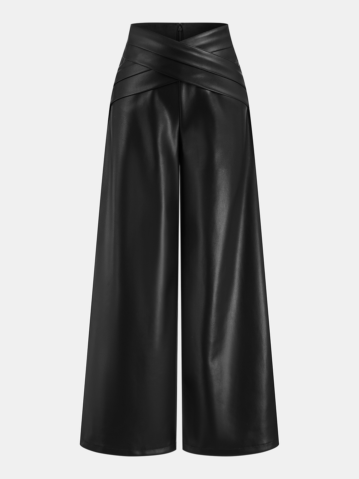 Geovari | Crossover Waistband PU Leather Wide-Leg Trousers
