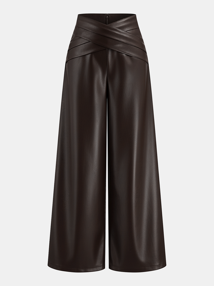 Geovari | Crossover Waistband PU Leather Wide-Leg Trousers