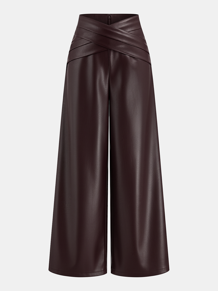 Geovari | Crossover Waistband PU Leather Wide-Leg Trousers