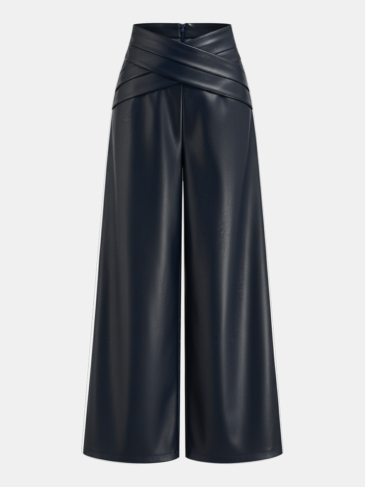 Geovari | Crossover Waistband PU Leather Wide-Leg Trousers