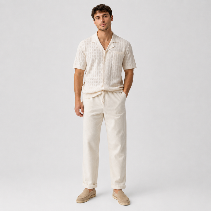 Geovari | Plaid Open-Knit Shirt & Straight-Leg Linen Trousers