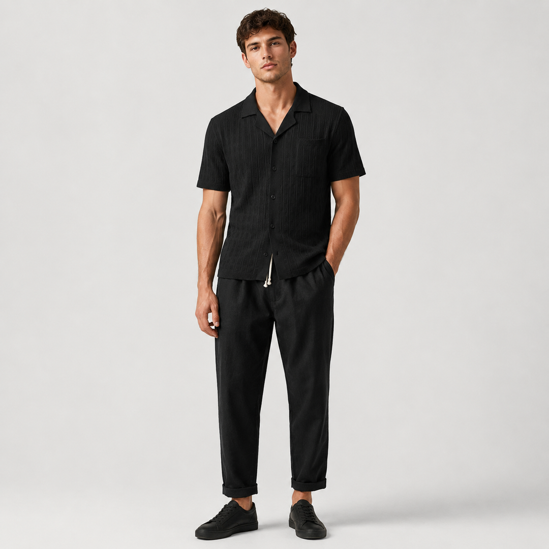 Geovari | Plaid Open-Knit Shirt & Straight-Leg Linen Trousers