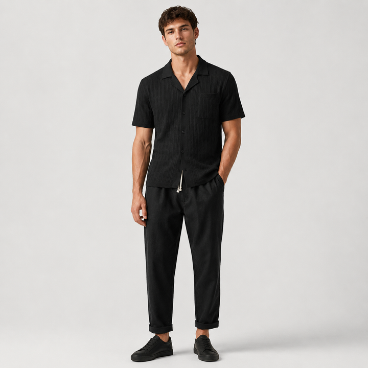 Geovari | Plaid Open-Knit Shirt & Straight-Leg Linen Trousers