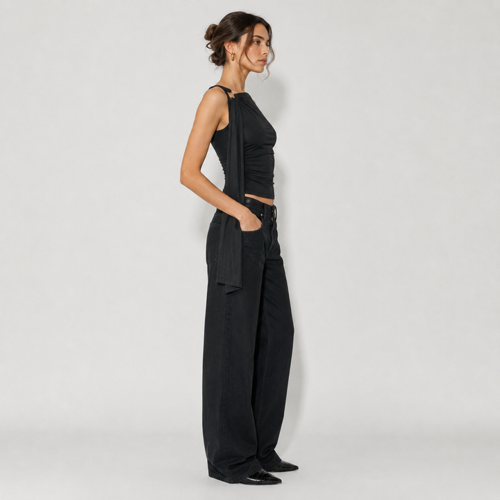 Geovari | Black Boat Neck Knit Tank Top