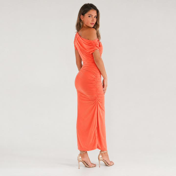 Geovari | Peach Off-the-Shoulder Draped Top Midi Dress