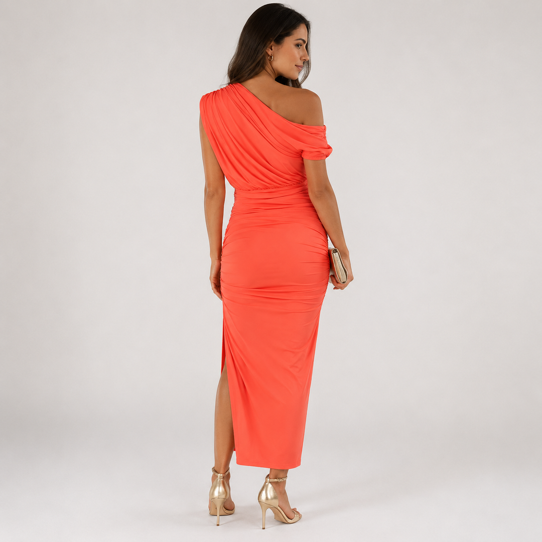 Geovari | Peach Off-the-Shoulder Draped Top Midi Dress