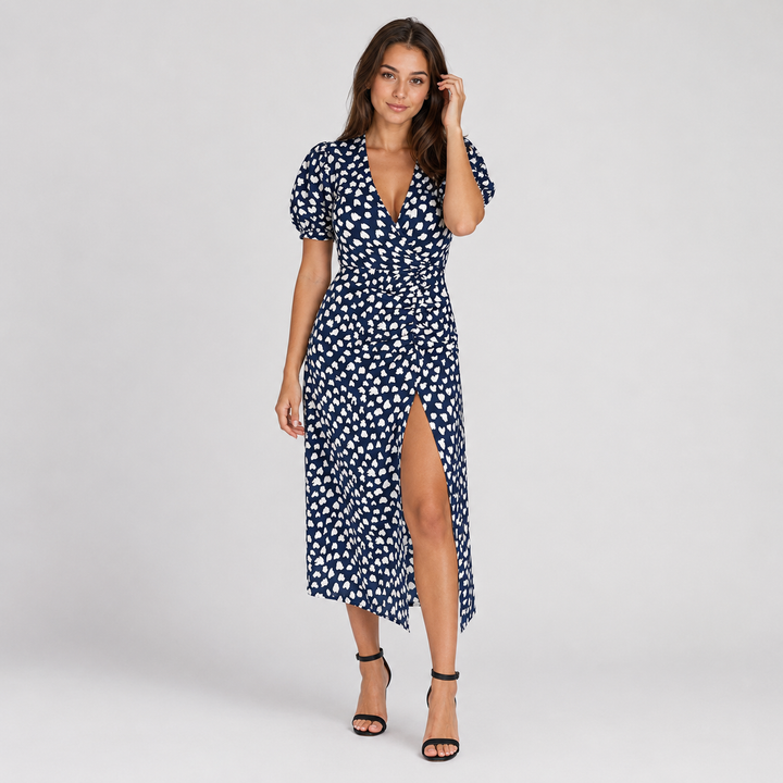 Geovari | Navy Heart Print Short Sleeve Midi Dress