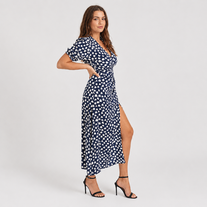 Geovari | Navy Heart Print Short Sleeve Midi Dress