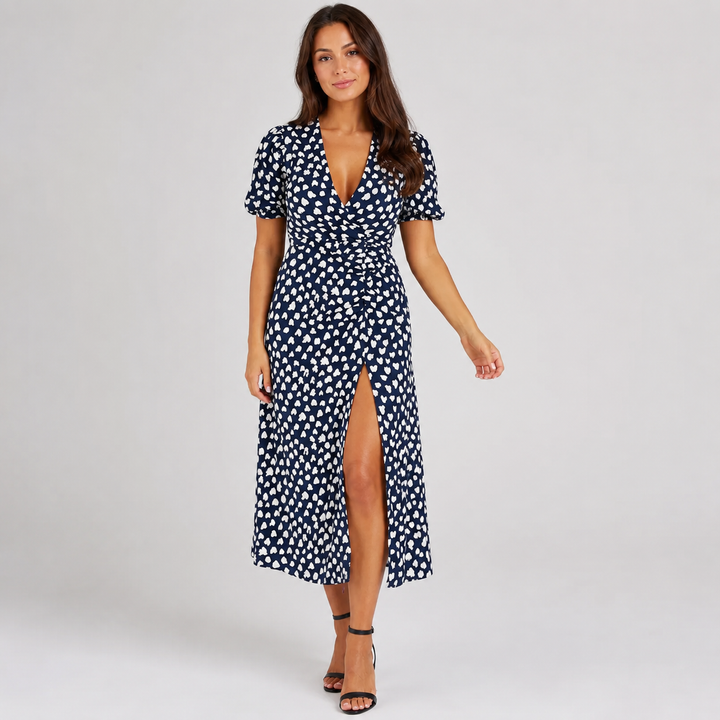 Geovari | Navy Heart Print Short Sleeve Midi Dress