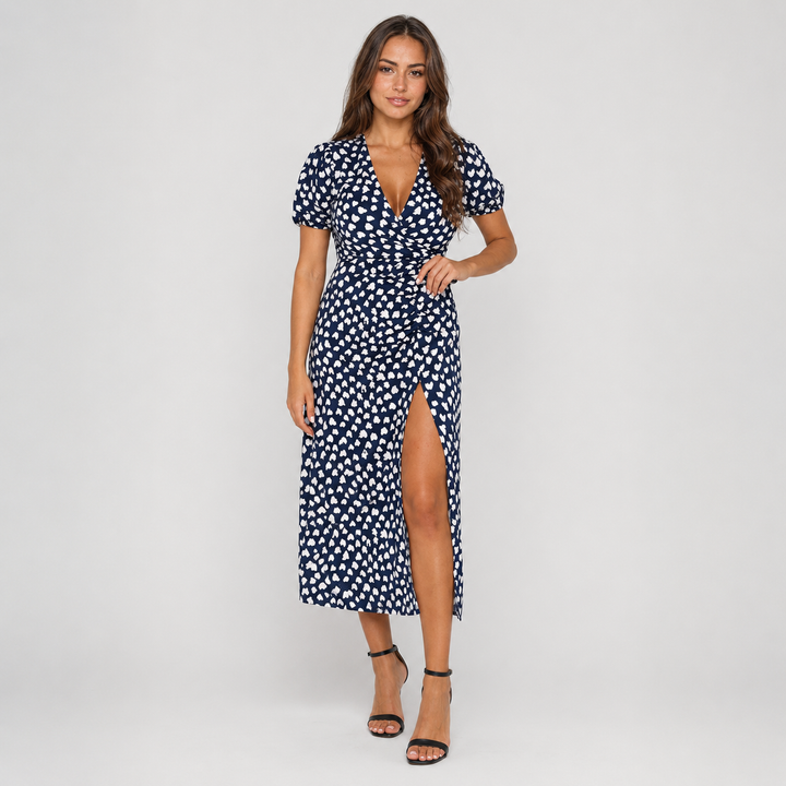 Geovari | Navy Heart Print Short Sleeve Midi Dress