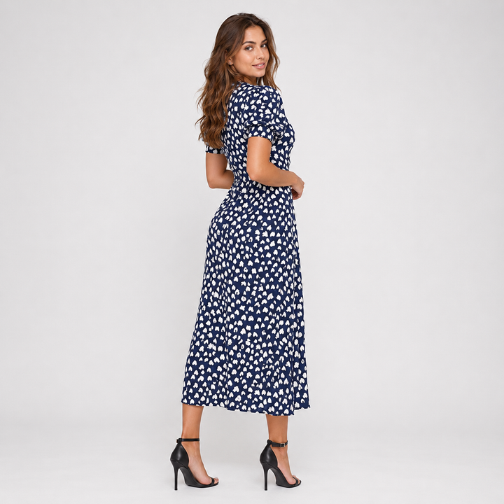 Geovari | Navy Heart Print Short Sleeve Midi Dress
