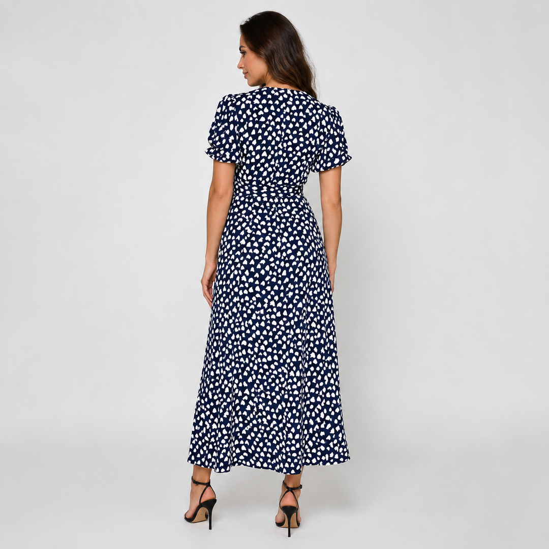 Geovari | Navy Heart Print Short Sleeve Midi Dress