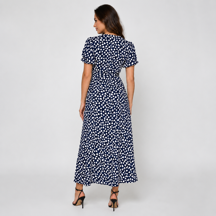 Geovari | Navy Heart Print Short Sleeve Midi Dress