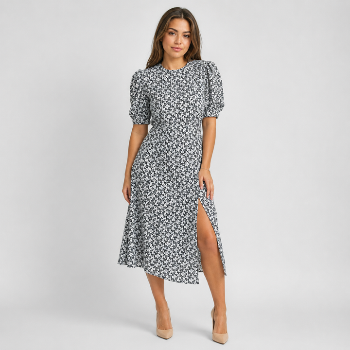 Geovari | Cream Daisy Print Pleated Sleeve Midi Dress