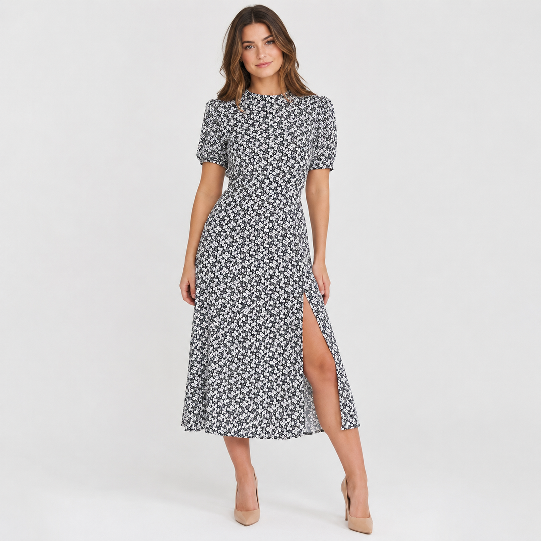 Geovari | Cream Daisy Print Pleated Sleeve Midi Dress