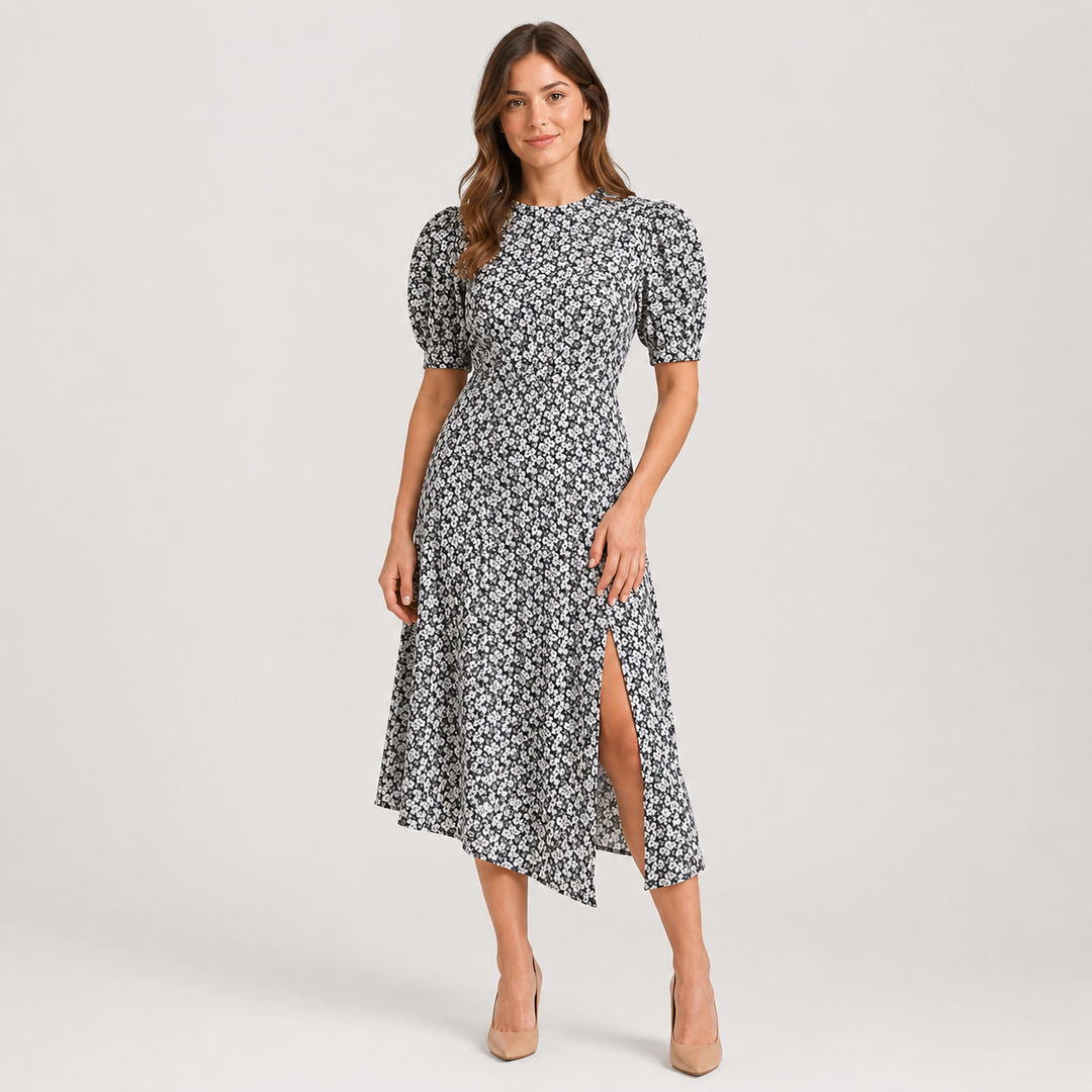 Geovari | Cream Daisy Print Pleated Sleeve Midi Dress