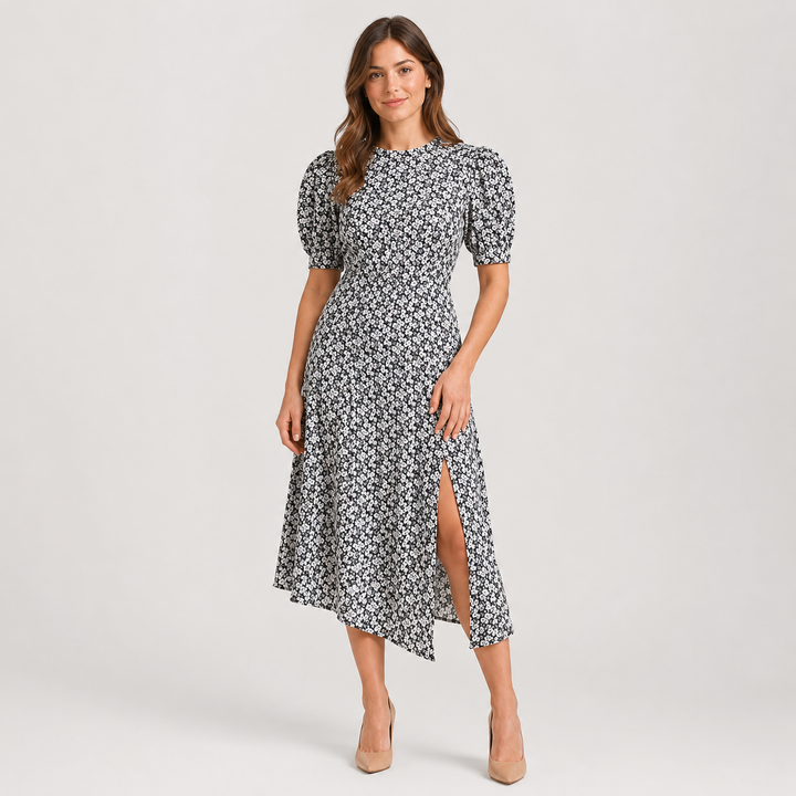 Geovari | Cream Daisy Print Pleated Sleeve Midi Dress