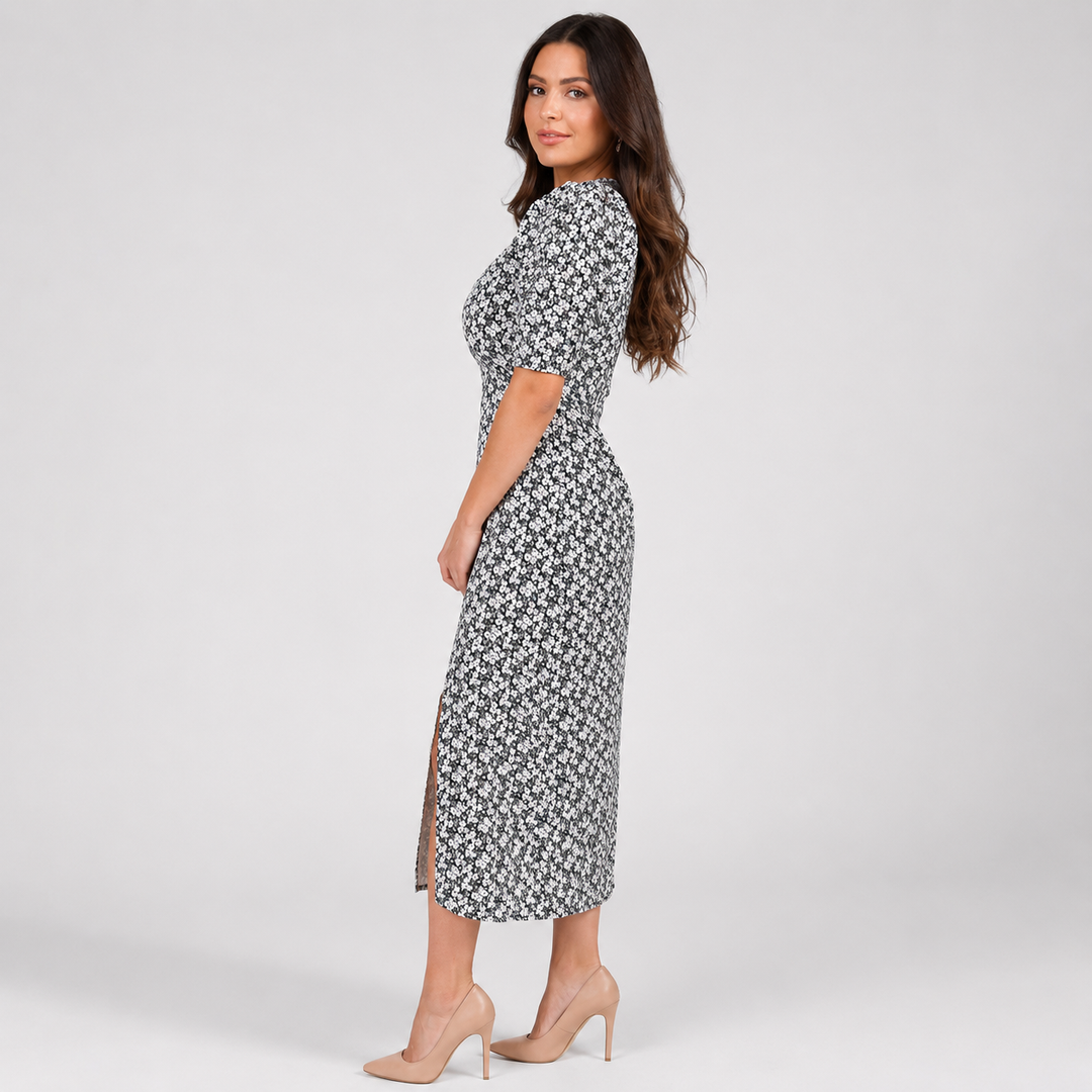 Geovari | Cream Daisy Print Pleated Sleeve Midi Dress