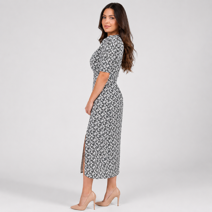 Geovari | Cream Daisy Print Pleated Sleeve Midi Dress
