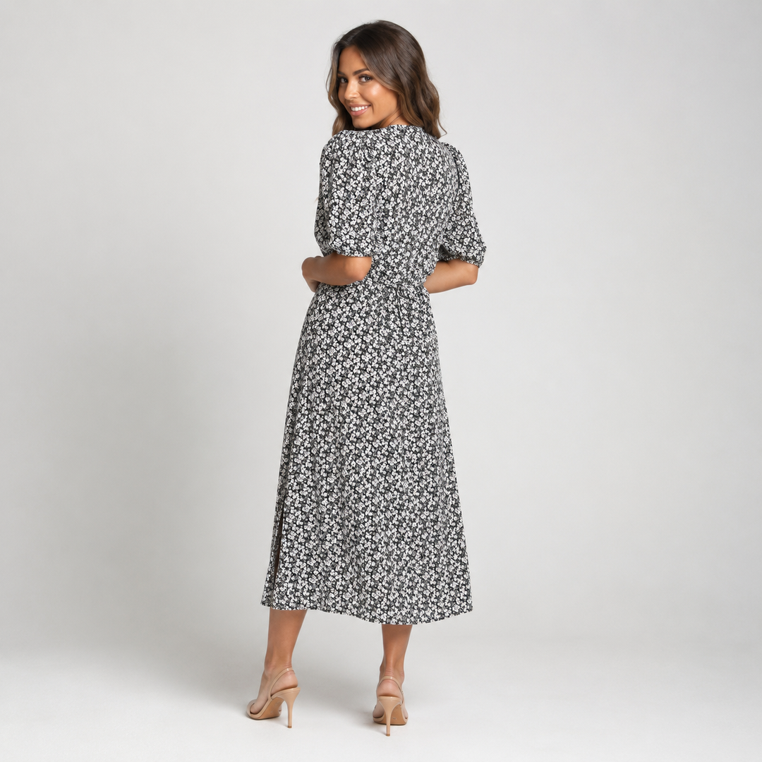 Geovari | Cream Daisy Print Pleated Sleeve Midi Dress