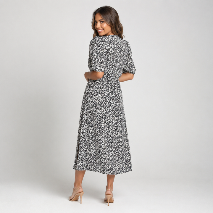 Geovari | Cream Daisy Print Pleated Sleeve Midi Dress