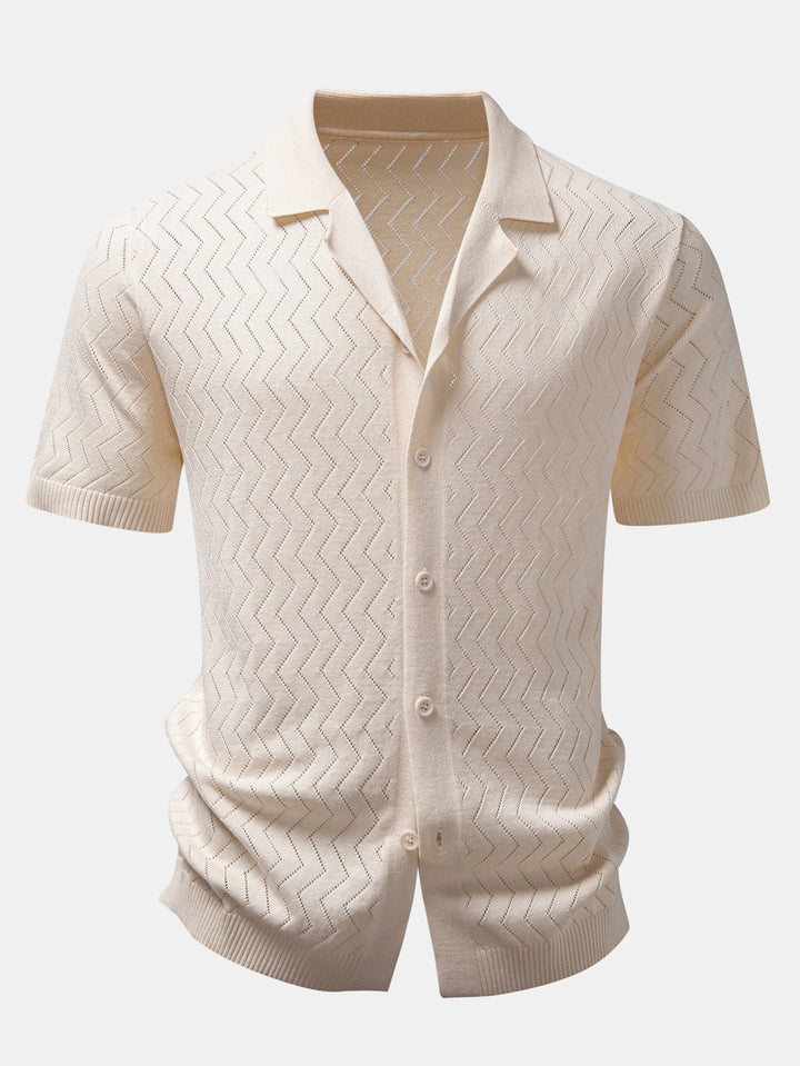 Geovari | Zig Zag Open-Knit Shirt & Straight-Leg Linen Trousers