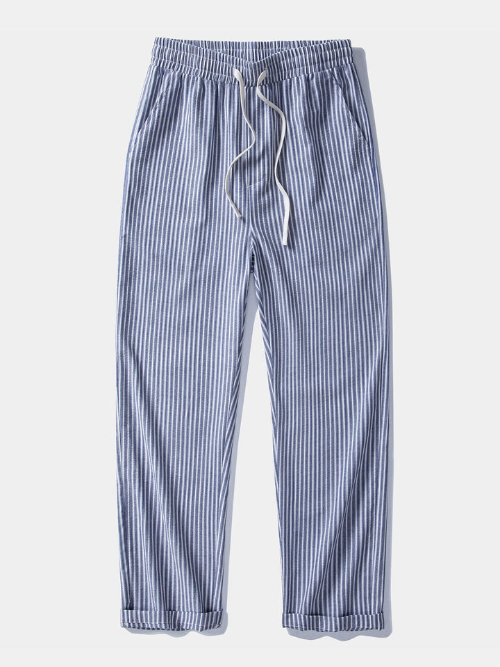 Geovari | Linen Rayon Blend Button-Up Shirt & Linen-Look Striped Trousers