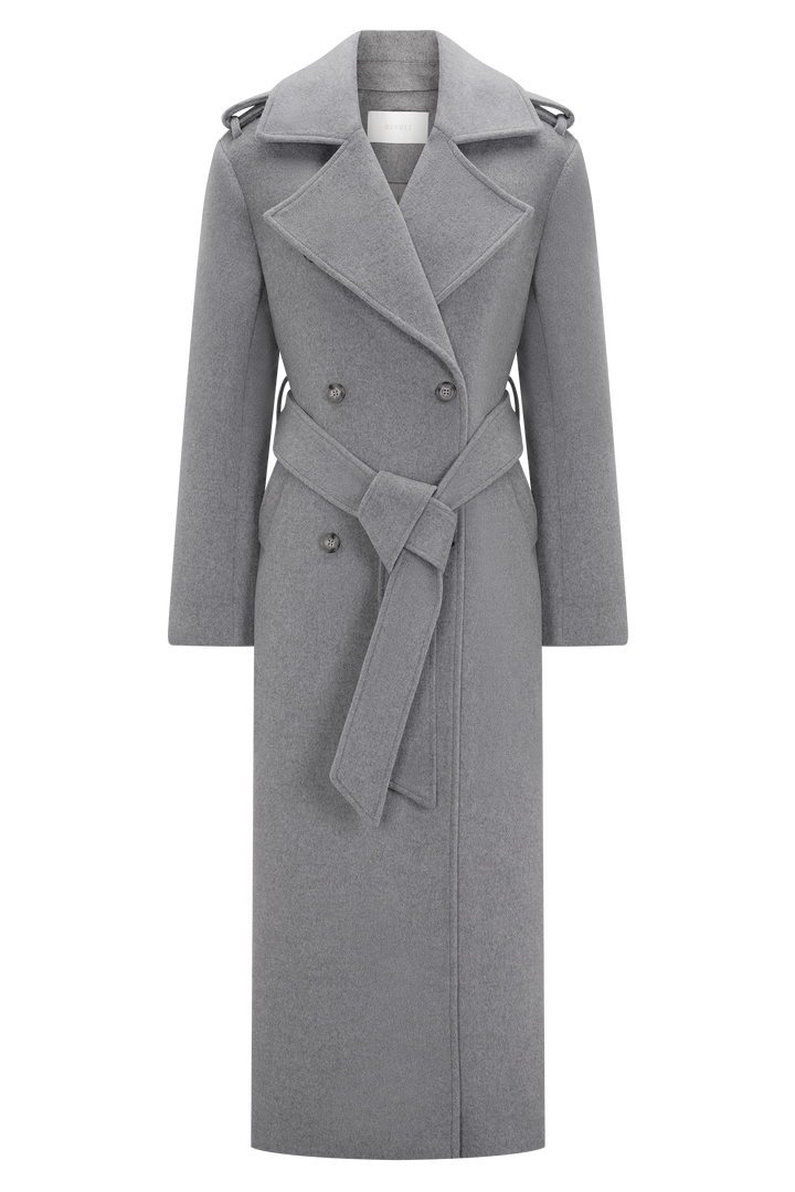 Geovari | Long Wool Trench Coat - Grey Marl