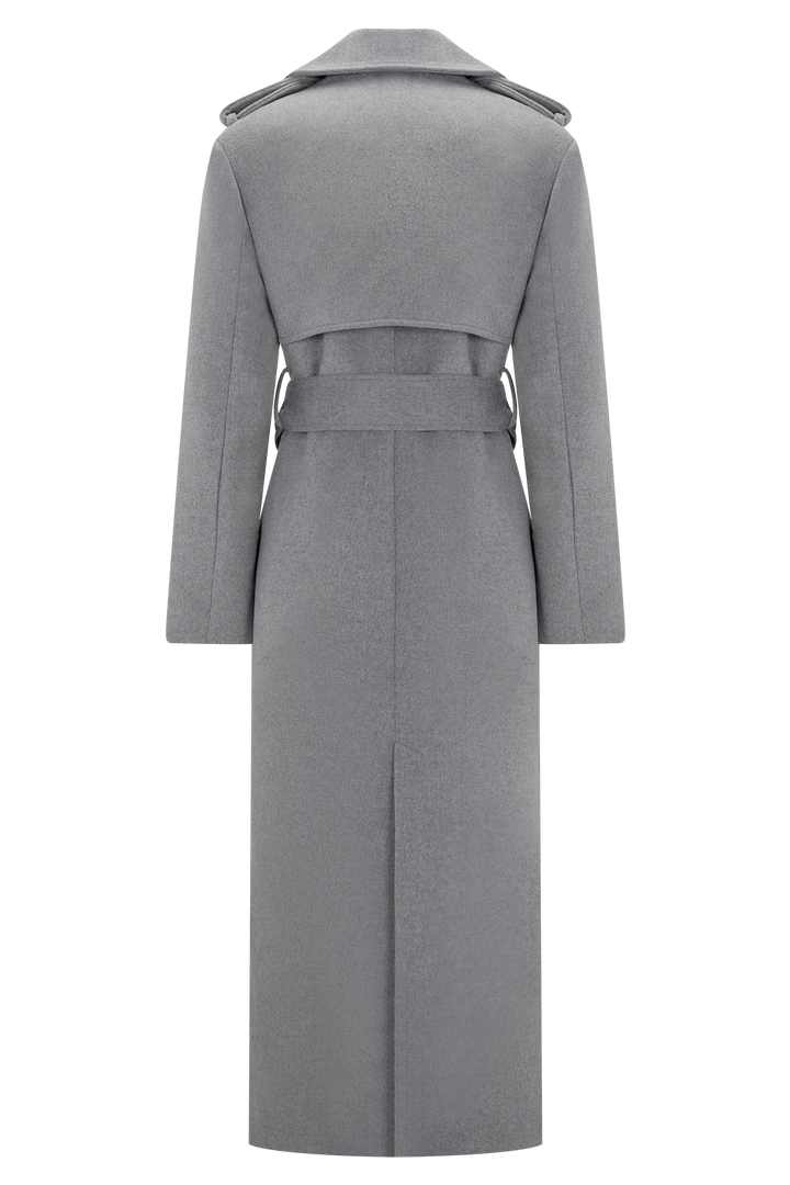Geovari | Long Wool Trench Coat - Grey Marl