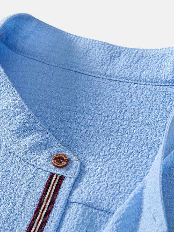 Geovari | Short-Sleeve Seersucker Stand-Collar Shirt & Crinkle-Textured Straight-Leg Trousers