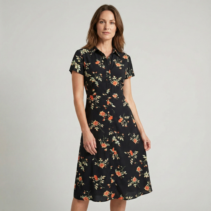 Geovari | Black Floral Button-Through A-Line Midi Dress
