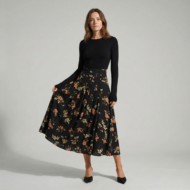 Geovari | Black Floral A-Line Midi Skirt