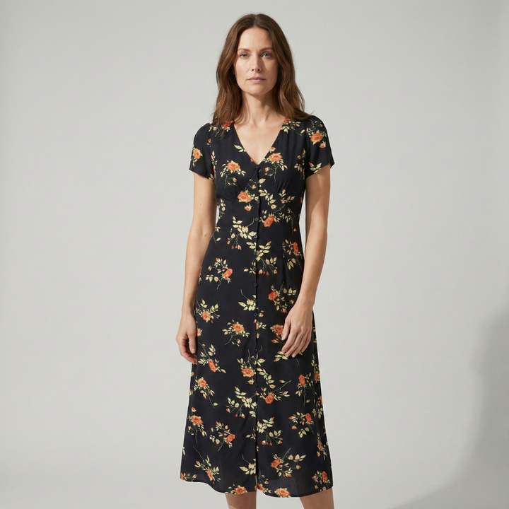 Geovari | Black V-Neck Floral Short-Sleeved Maxi Dress