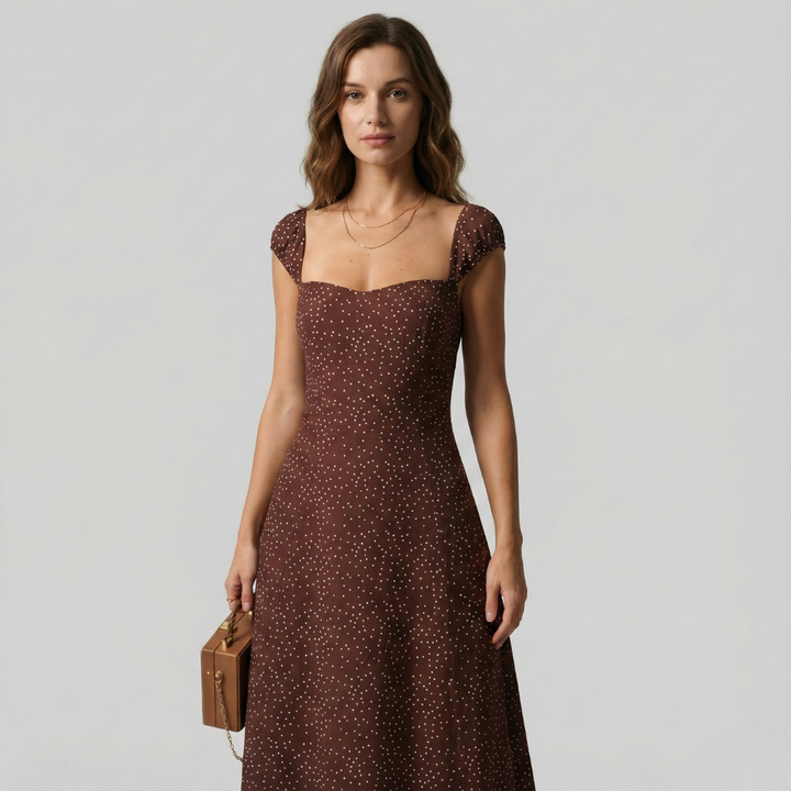 Geovari | Brown Polka-Dot Cap-Sleeve Midi Dress