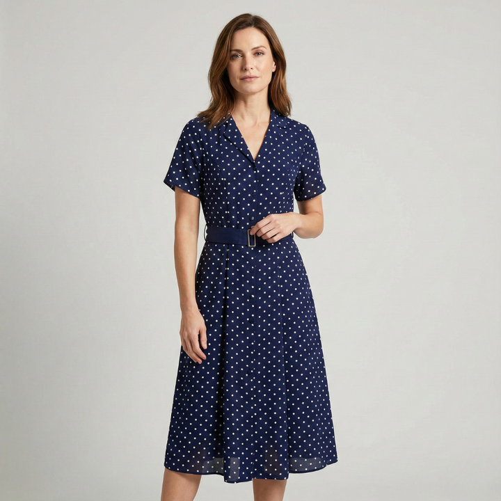 Geovari | Blue Polka-Dot Belted Midi Dress