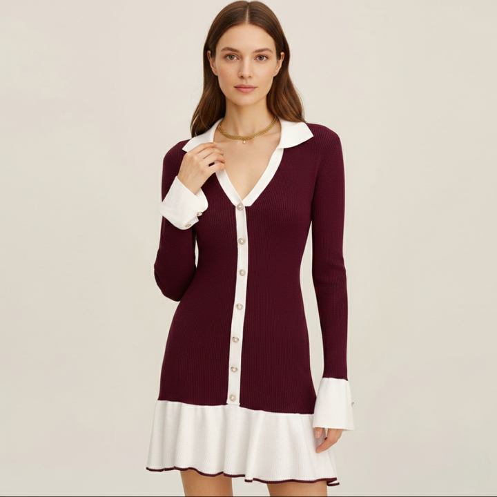 Geovari | Wine-Red Contrast Jumper Dress