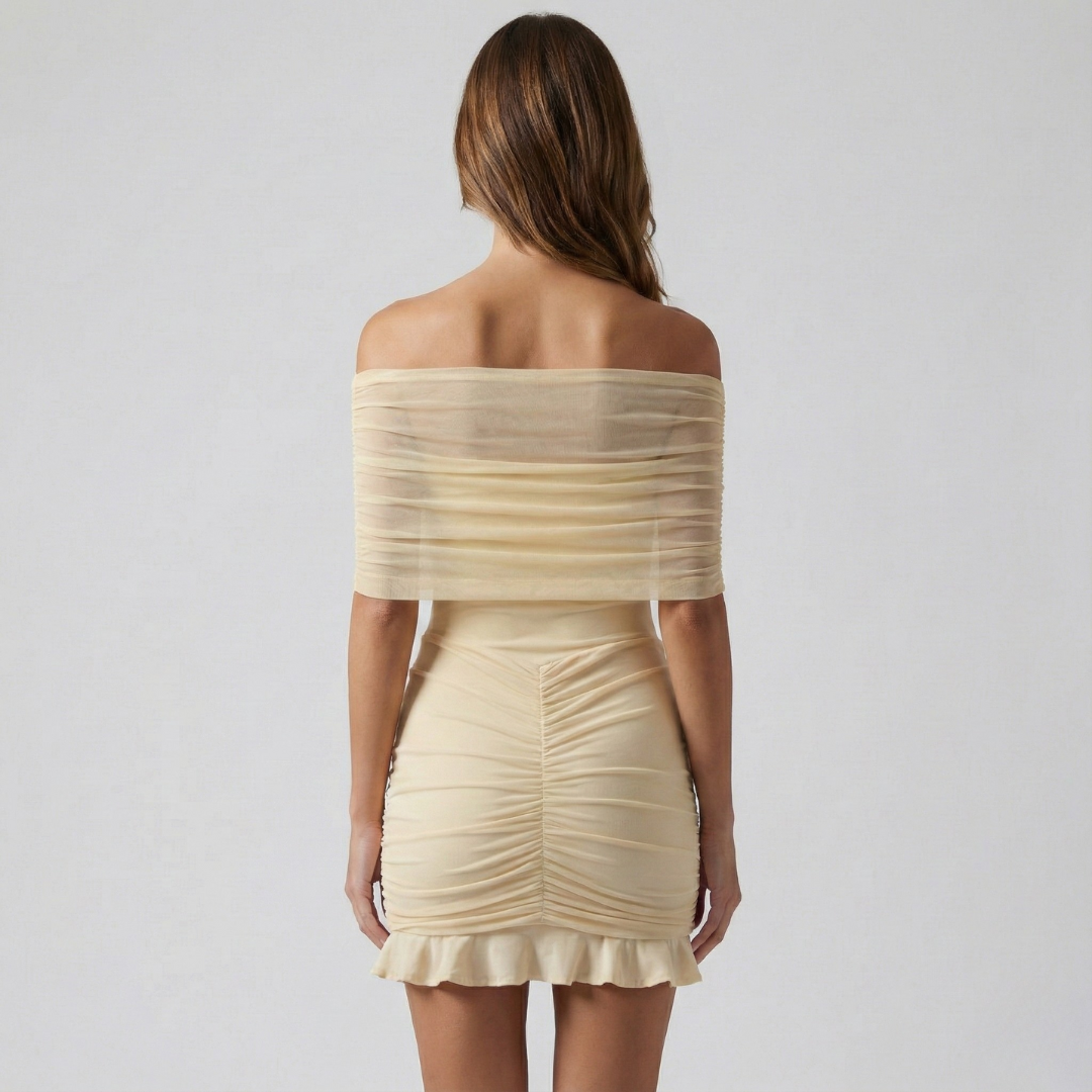 Geovari | Slinky Mesh Off-Shoulder Mini Dress in Ivory