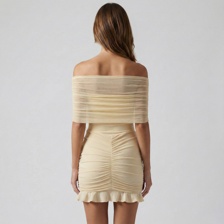 Geovari | Slinky Mesh Off-Shoulder Mini Dress in Ivory