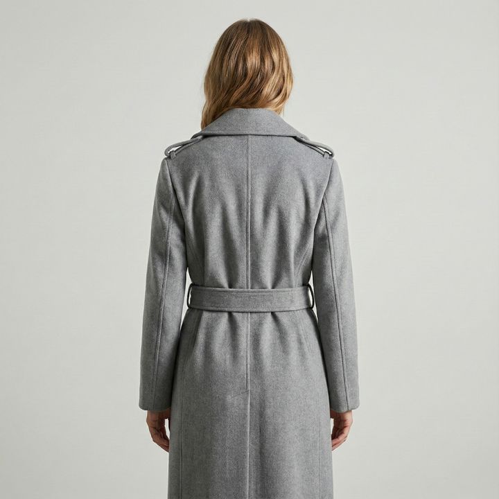 Geovari | Long Wool Trench Coat - Grey Marl