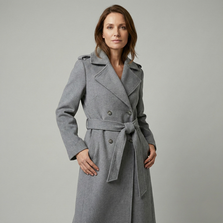 Geovari | Long Wool Trench Coat - Grey Marl