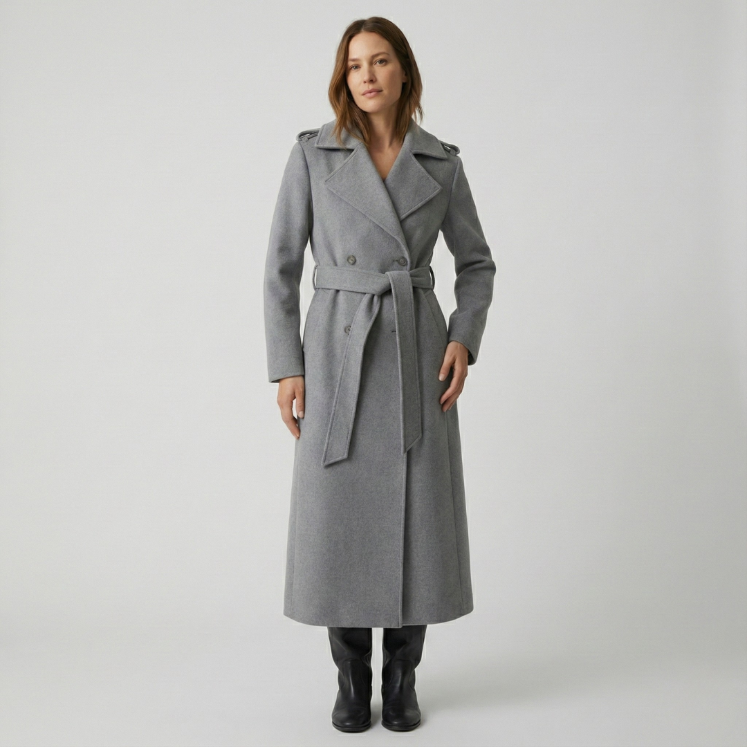 Geovari | Long Wool Trench Coat - Grey Marl